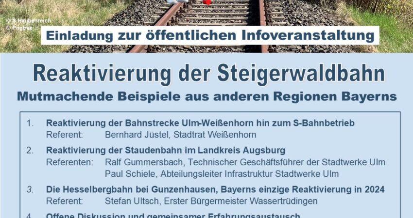 Plakat zur Veranstaltung zeigt ein Foto der Strecke. Text:Alles auf NULL Steigerwaldbahn neu bewerten Einladung zur öffentlichen Infoveranstaltung Reaktivierung der Steigerwaldbahn Mutmachende Beispiele aus anderen Regionen Bayerns 1. REaktivierung der Bahnstrecke Ulm-Weißenhorn bis zum S-Bahnbetrieb Referent: Bernhard Jüstel, Stadtrat Weißenhorn 2. REaktivierung der Staudenbahn im Landkreis Augsburg Referenten: Ralf Gummersbach, Technischer Geschäftsführer der Stadtwerke Ulm; Paul Schiele, Abteilungsleiter Infrastruktur Stadtwerke Ulm 3. Die Hesselbergbahn bei Gunzenhausen: Bayerns einzige REaktivierung in 2024 Referent: Stefan Ultsch, ERster Bürgermeister Wassertrüdingen 4. Offene Diskussion und gemeinsamer Erfahrungsaustausch Wann: Dienstag, 20. Mai 2025 19-22 Uhr Wo: Pfarrer-Hersam-Haus Salzstraße 13, 97447 Gerolzhofen Logos von VCD, Förderverein und Geo.net
