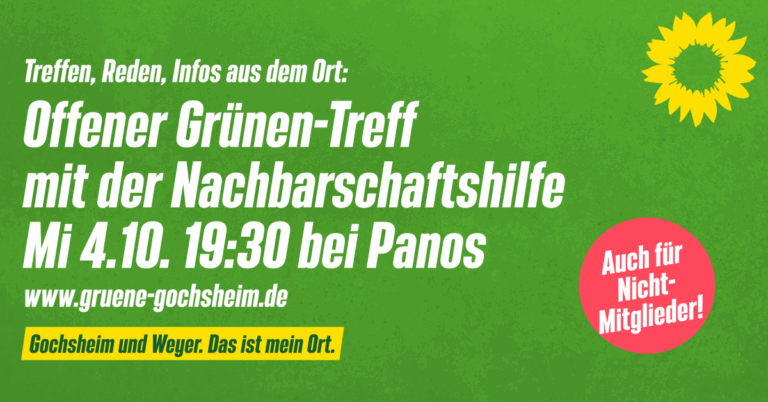 Offener Grünen-Treff mit der Nachbarschaftshilfe Mi 4.10. 19:30 bei Panos