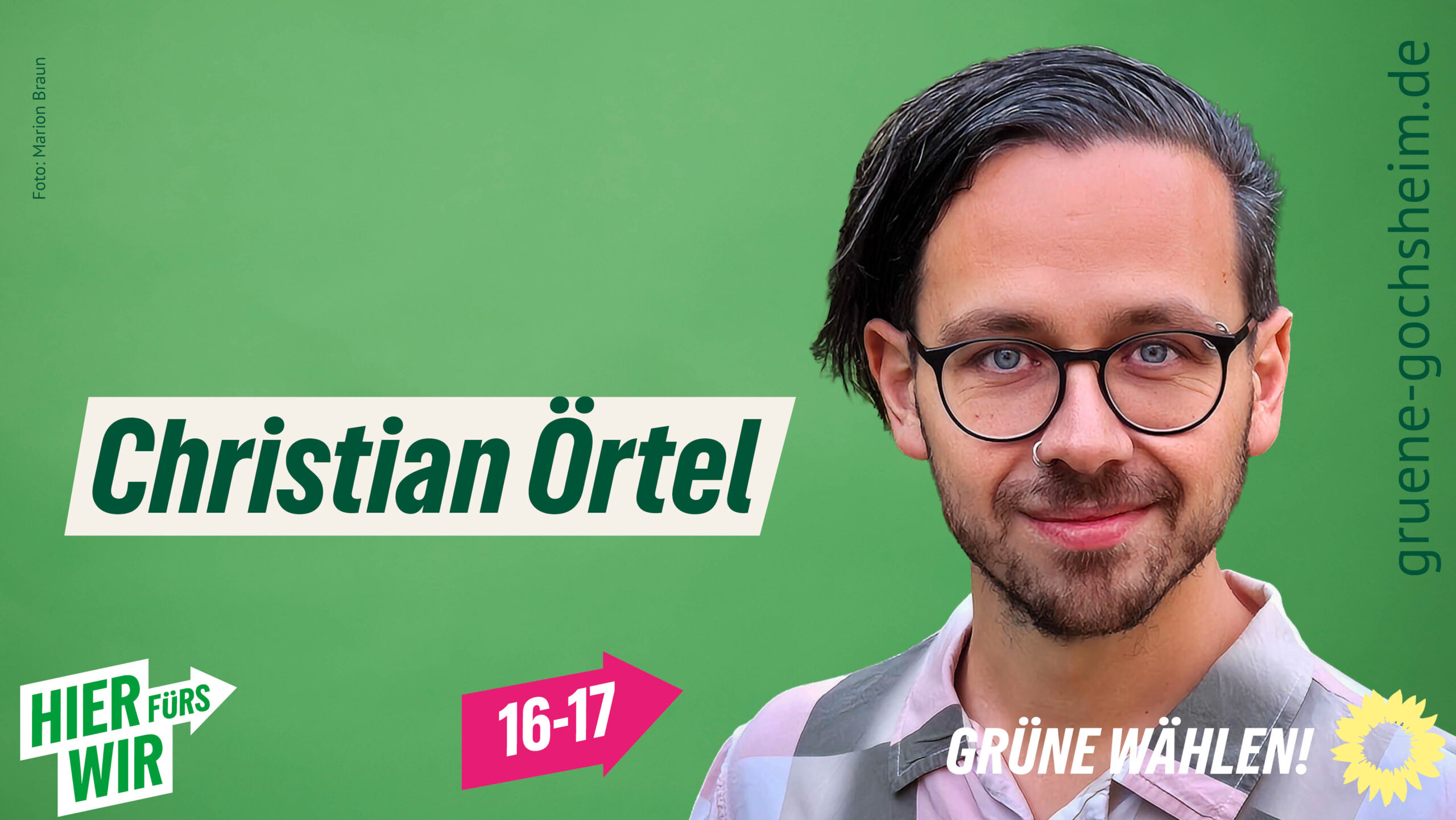 Christian Örtel, freigestellt vor grünem Hintergrund, mit Aufforderung "Grüne wählen"