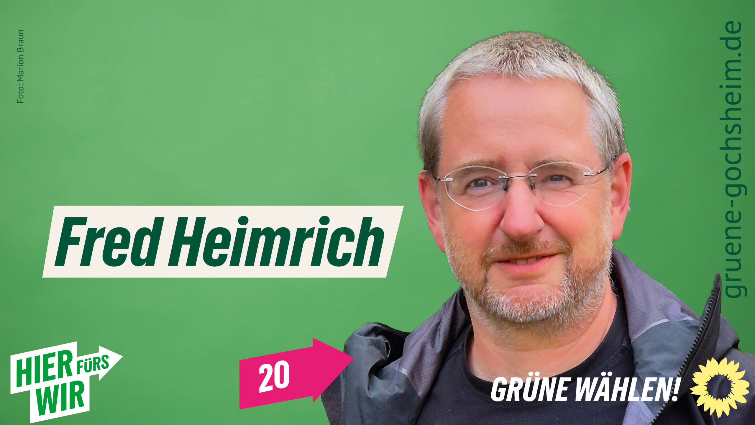 Fred Heimrich, freigestellt vor grünem Hintergrund, mit Aufforderung "Grüne wählen"
