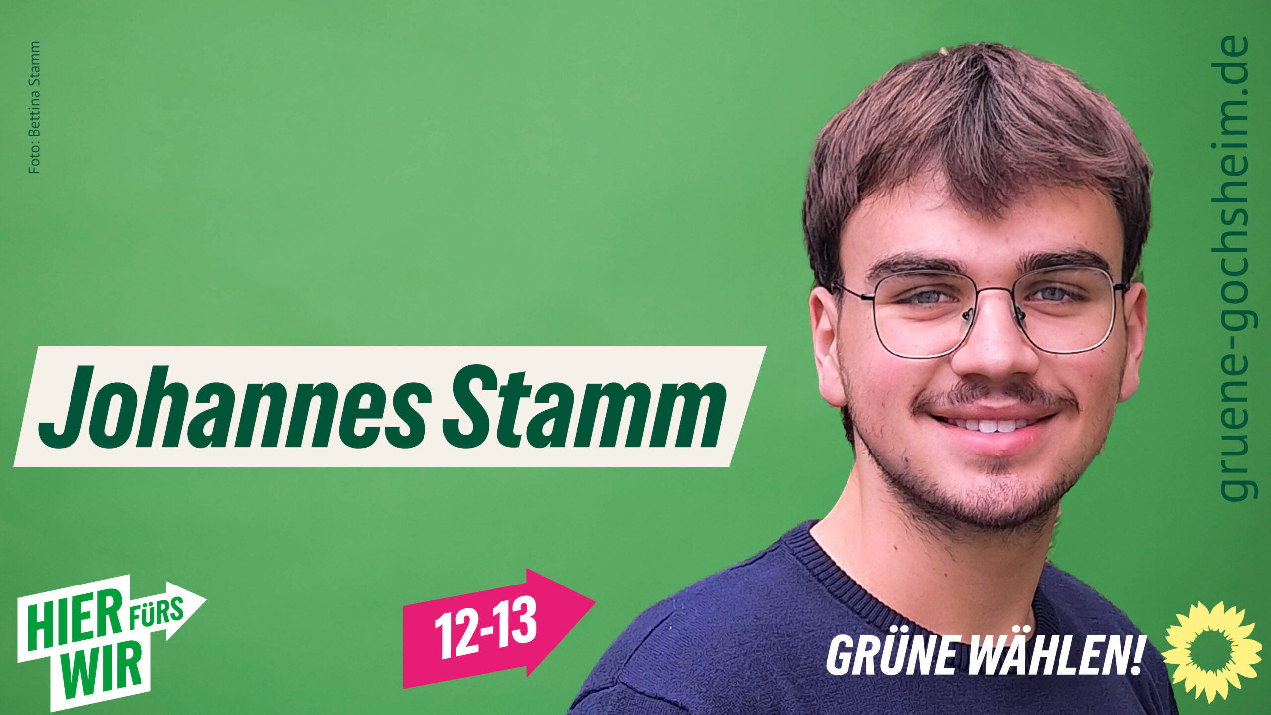 Johannes Stamm, freigestellt vor grünem Hintergrund, mit Aufforderung "Grüne wählen"