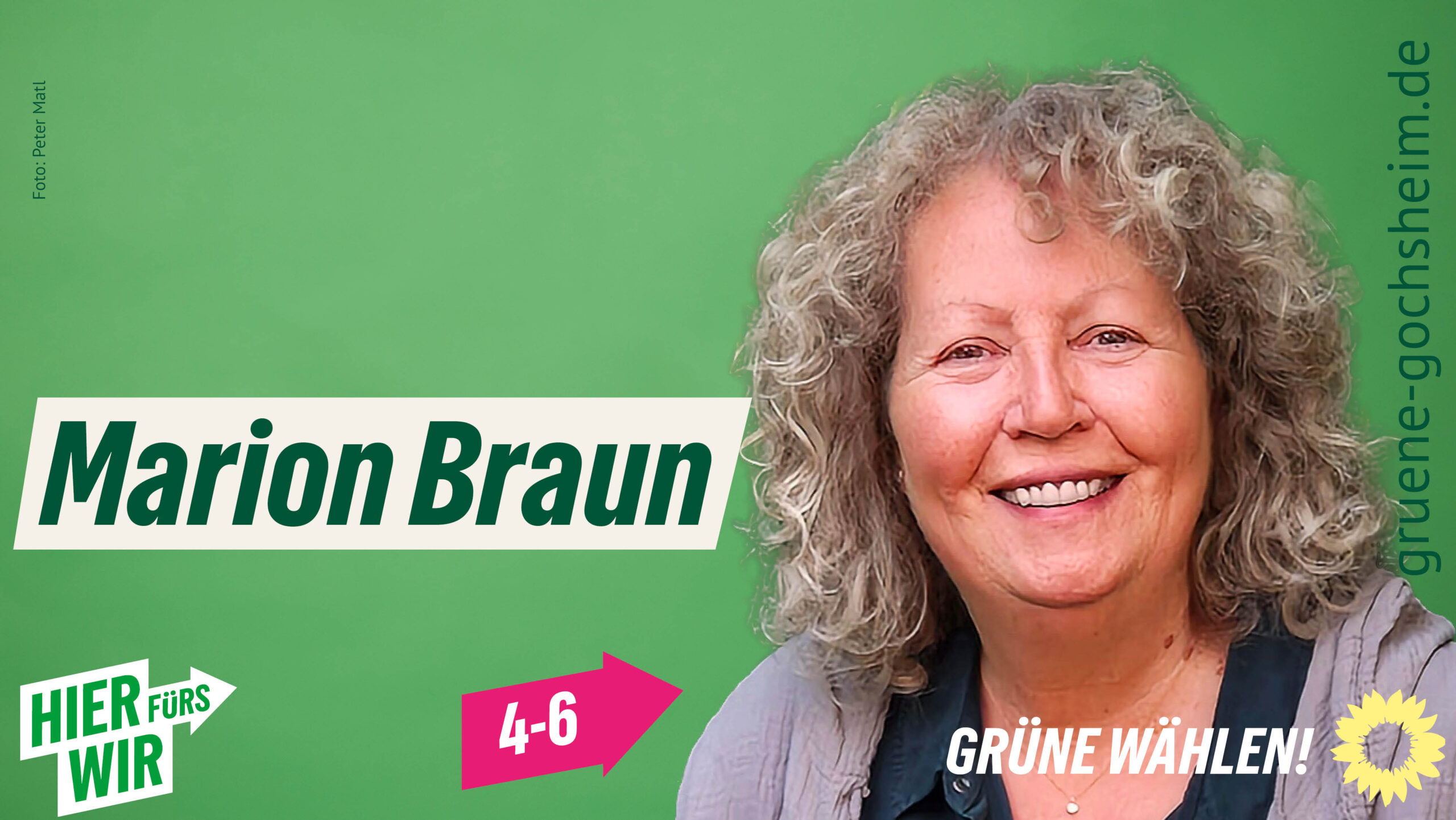 Marion Braun, freigestellt vor grünem Hintergrund, mit Aufforderung "Grüne wählen"