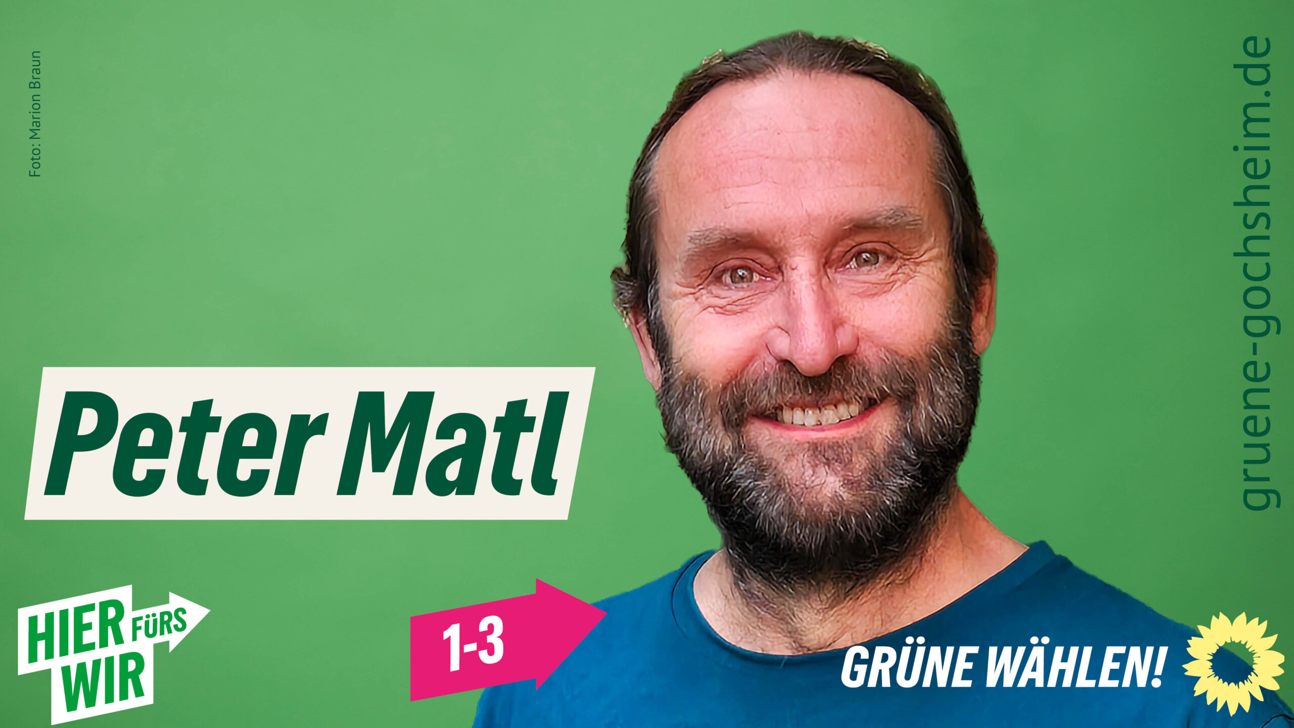 Peter Matl, freigestellt vor grünem Hintergrund, mit Aufforderung "Grüne wählen"