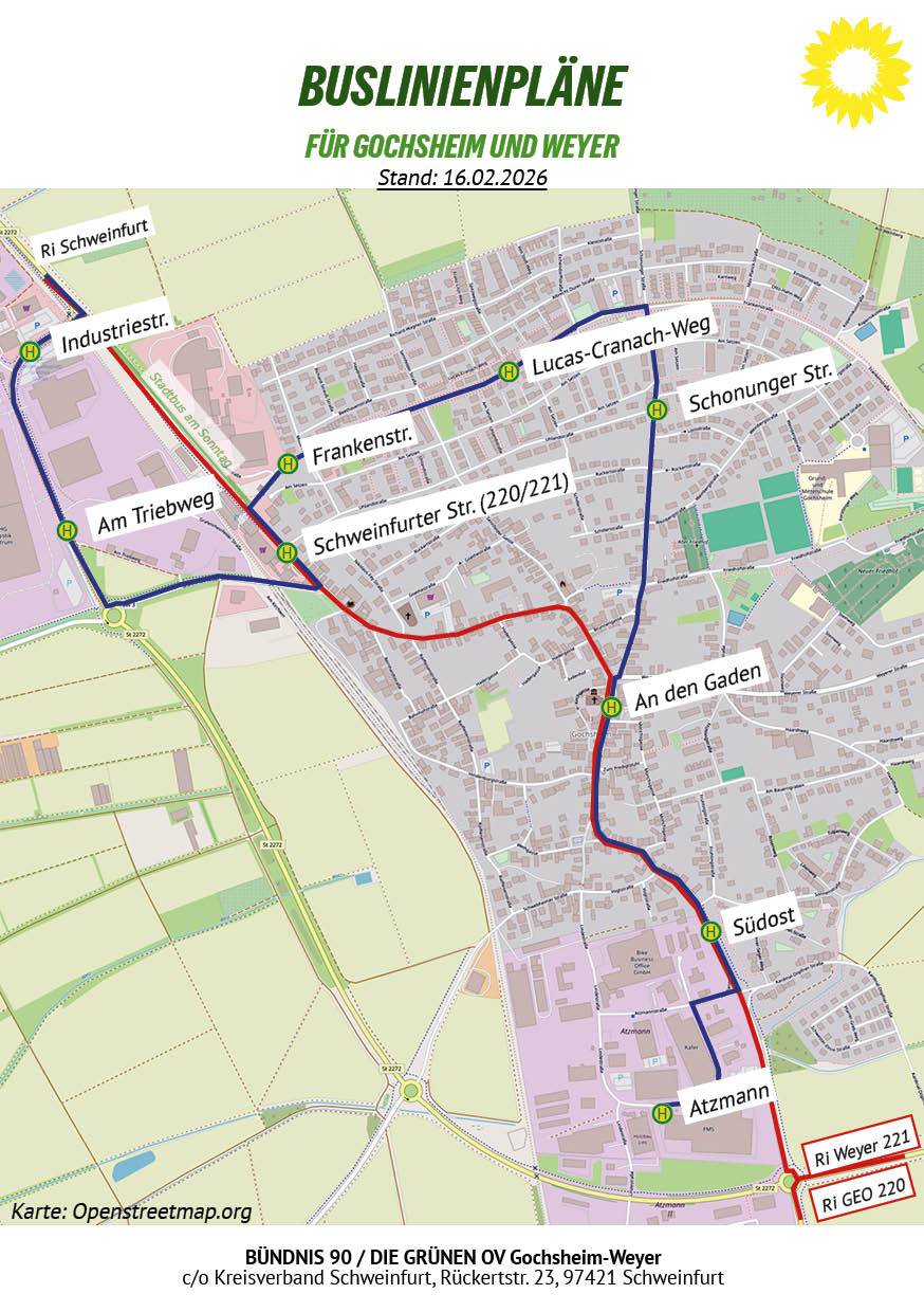 Karte von Gochsheim, Buslinien und Haltestellen sind eingezeichnet